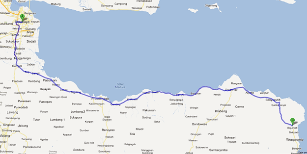 Rute ke taman Nasional Baluran jika kamu berangkat dari Surabaya lewat jalur utara.